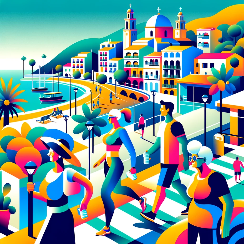 Illustration of diverse Marbella residents engaging in healthy activities, with bold outlines and bright colors, under 'Marbella Health Update' banner.