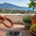 Illustrated hand emptying standing water from a plant-pot saucer on a terrace