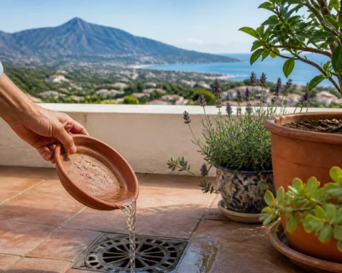 Illustrated hand emptying standing water from a plant-pot saucer on a terrace
