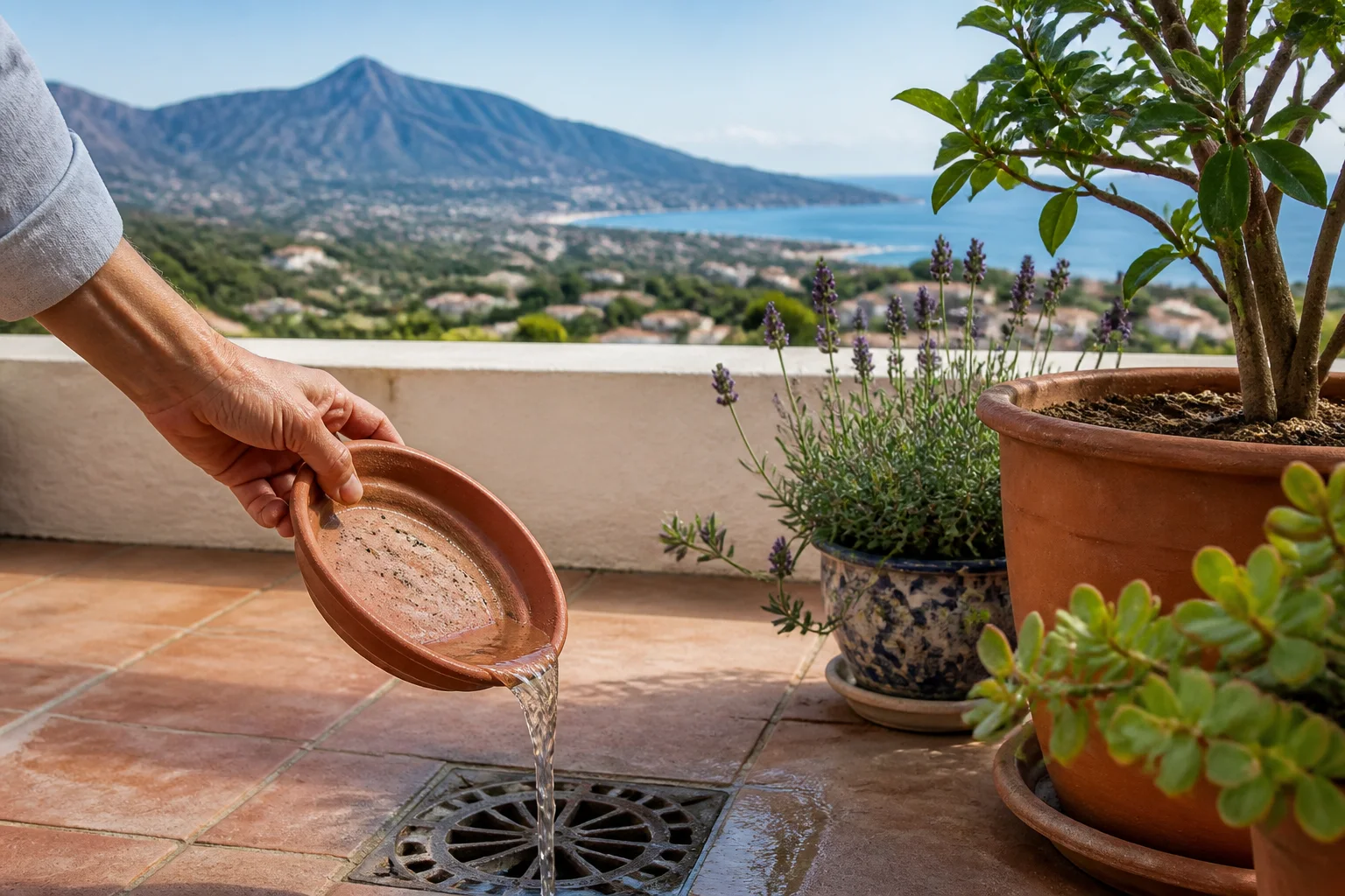 Illustrated hand emptying standing water from a plant-pot saucer on a terrace