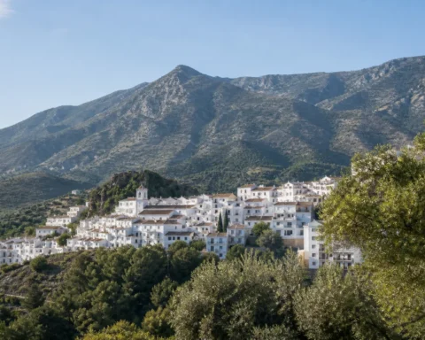Illustrated whitewashed Andalusian hillside village below Sierra Blanca mountains