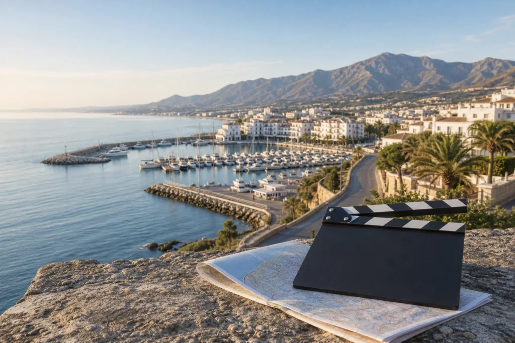 AI-generated Mediterranean coastal illustration with a blank clapperboard and location map
