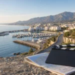 AI-generated Mediterranean coastal illustration with a blank clapperboard and location map