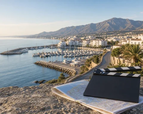 AI-generated Mediterranean coastal illustration with a blank clapperboard and location map