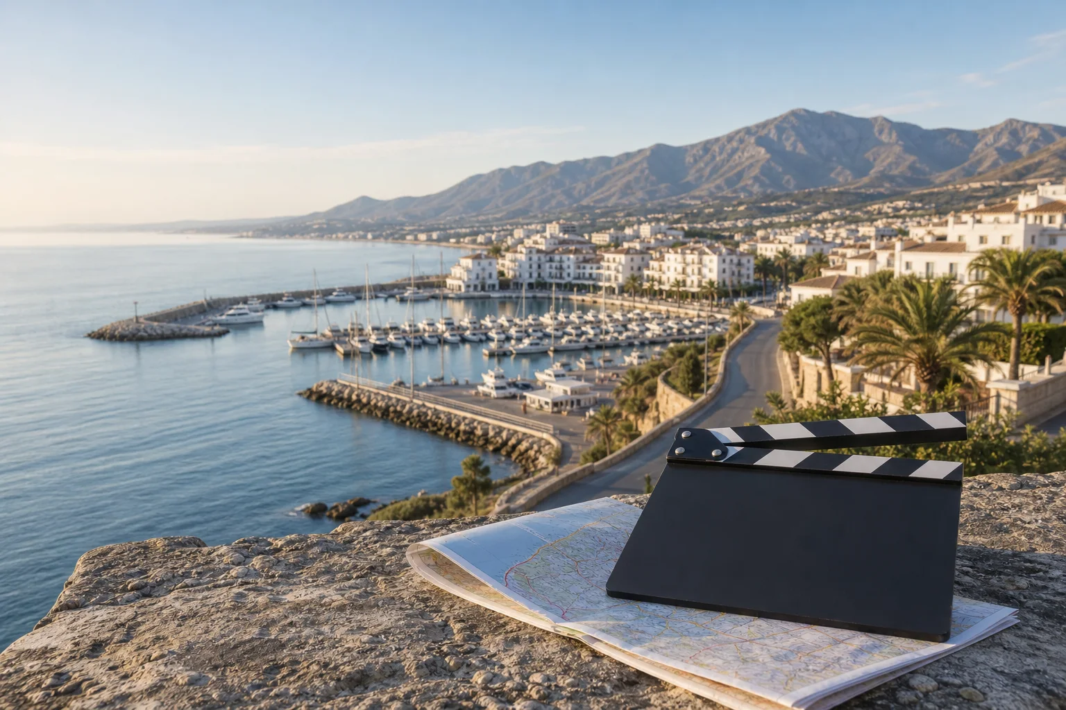 AI-generated Mediterranean coastal illustration with a blank clapperboard and location map