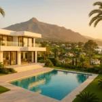 A luxurious modern villa overlooking the Mediterranean Sea on Spain’s Costa del Sol, surrounded by lush tropical gardens, palm trees, and a sparkling private swimming pool. The scene captures golden hour sunlight reflecting off elegant white architecture and glass facades. In the distance, Marbella’s iconic La Concha mountain rises above a mix of stylish homes and green golf courses. The atmosphere is sophisticated and tranquil, embodying upscale real estate, investment potential, and the exclusive lifestyle of Marbella.