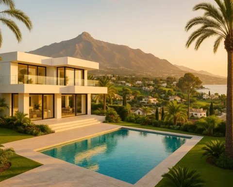 A luxurious modern villa overlooking the Mediterranean Sea on Spain’s Costa del Sol, surrounded by lush tropical gardens, palm trees, and a sparkling private swimming pool. The scene captures golden hour sunlight reflecting off elegant white architecture and glass facades. In the distance, Marbella’s iconic La Concha mountain rises above a mix of stylish homes and green golf courses. The atmosphere is sophisticated and tranquil, embodying upscale real estate, investment potential, and the exclusive lifestyle of Marbella.