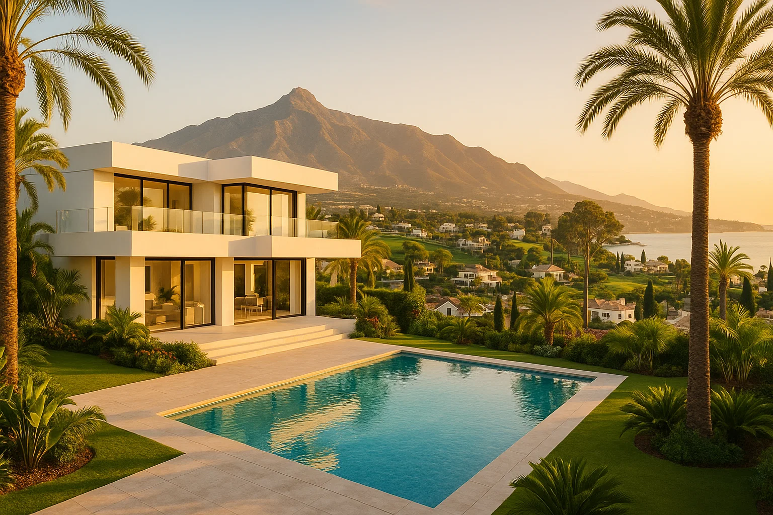 A luxurious modern villa overlooking the Mediterranean Sea on Spain’s Costa del Sol, surrounded by lush tropical gardens, palm trees, and a sparkling private swimming pool. The scene captures golden hour sunlight reflecting off elegant white architecture and glass facades. In the distance, Marbella’s iconic La Concha mountain rises above a mix of stylish homes and green golf courses. The atmosphere is sophisticated and tranquil, embodying upscale real estate, investment potential, and the exclusive lifestyle of Marbella.