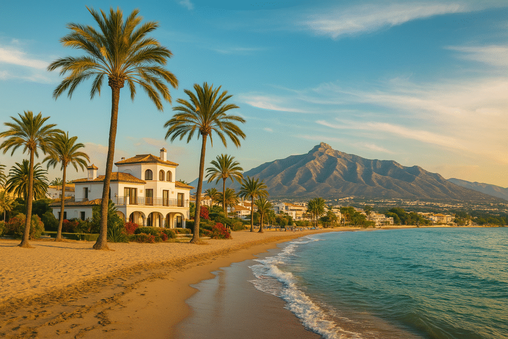 Living in Marbella: Schools, Healthcare & Cost of Living - marbella coastline 1 - Local Events and Festivities - living in marbella spain Living in Marbella Spain: beautiful coastline with palm trees, Mediterranean villa and mountains