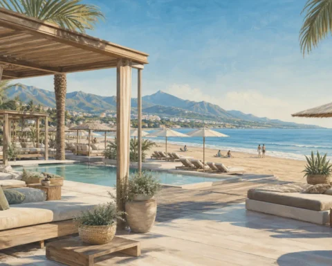 Marbella beach club with shaded lounges, a pool and the sea
