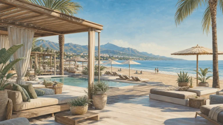 Marbella beach club with shaded lounges, a pool and the sea