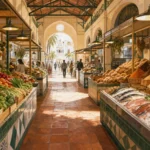 Andalusian food market with produce, bread and fish stalls