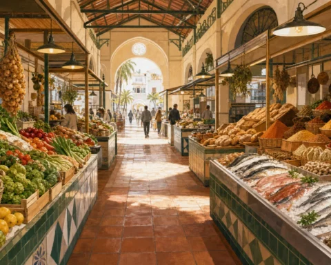 Andalusian food market with produce, bread and fish stalls