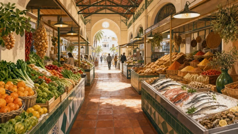 Andalusian food market with produce, bread and fish stalls