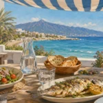Seaside lunch table with grilled fish, salad and the Marbella coast
