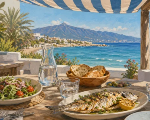 Seaside lunch table with grilled fish, salad and the Marbella coast