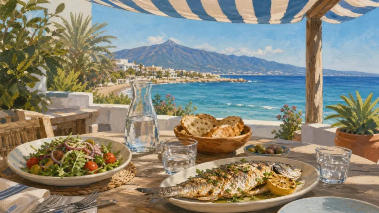 Seaside lunch table with grilled fish, salad and the Marbella coast
