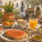 Marbella breakfast with tomato toast, coffee, orange juice and fruit