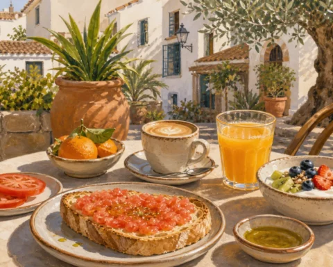 Marbella breakfast with tomato toast, coffee, orange juice and fruit