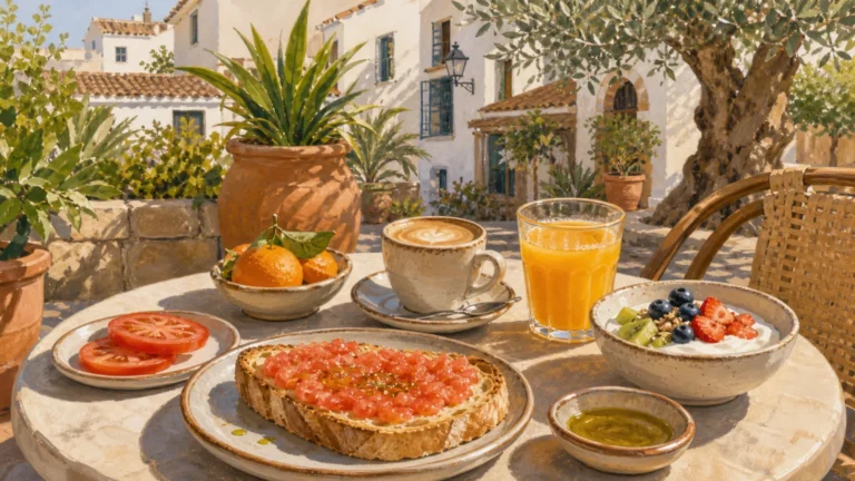Marbella breakfast with tomato toast, coffee, orange juice and fruit