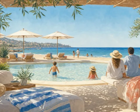 Family-friendly beach club pool beside the Marbella coast