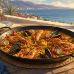 Seafood paella served beside the Mediterranean coast