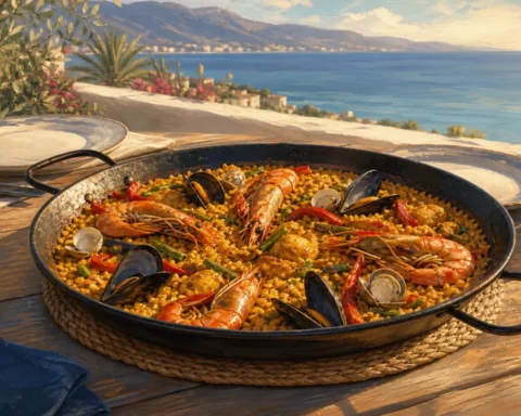 Seafood paella served beside the Mediterranean coast