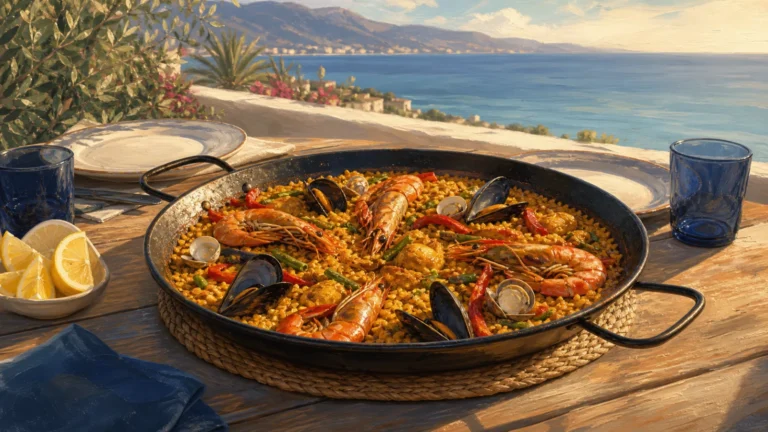 Seafood paella served beside the Mediterranean coast
