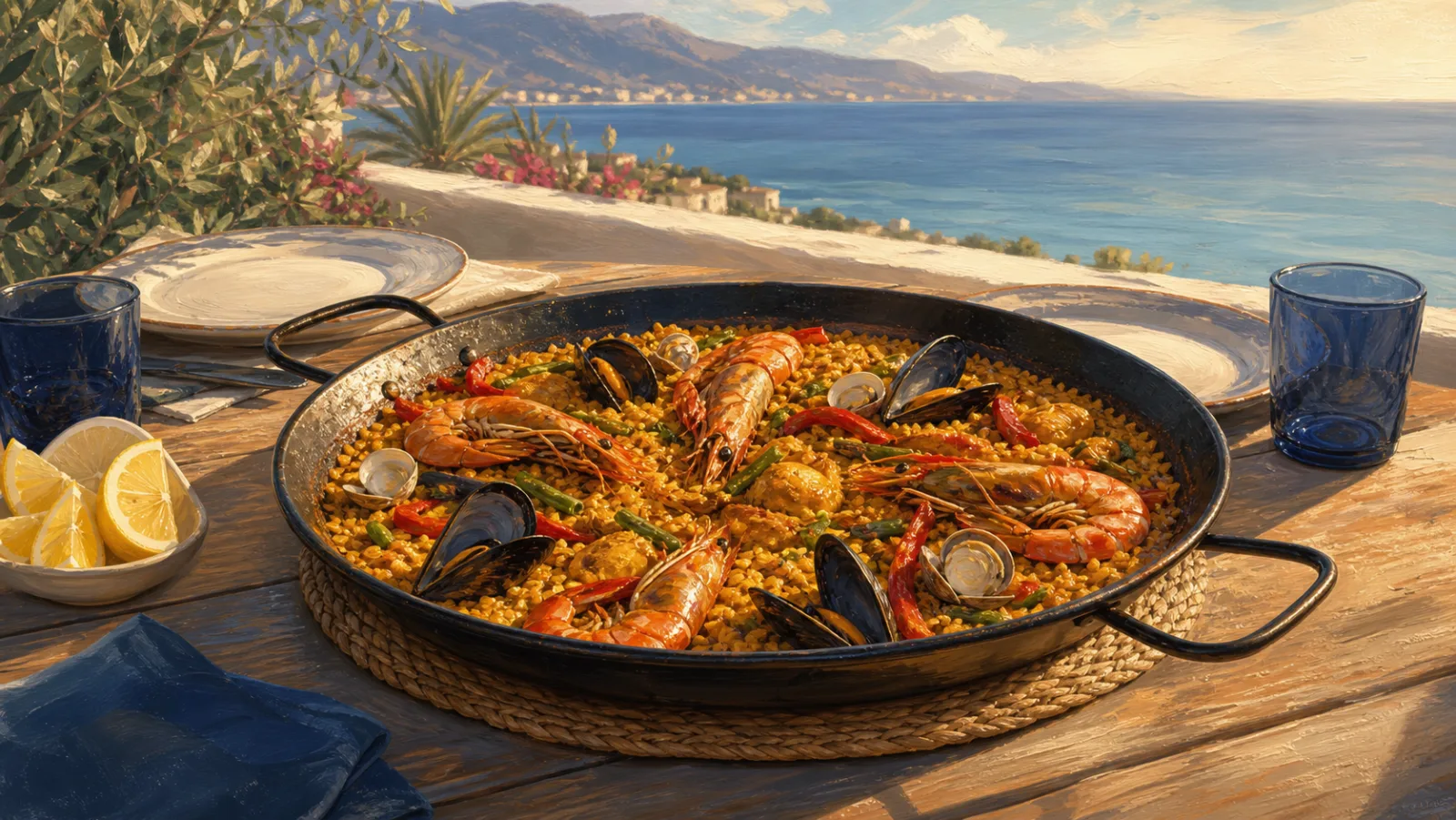 Seafood paella served beside the Mediterranean coast
