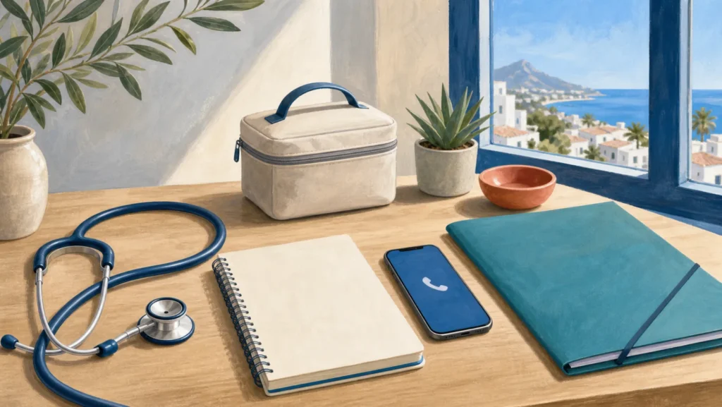Healthcare planning desk with a stethoscope, phone and documents