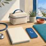 Healthcare planning desk with a stethoscope, phone and documents