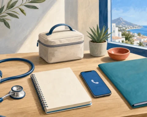 Healthcare planning desk with a stethoscope, phone and documents