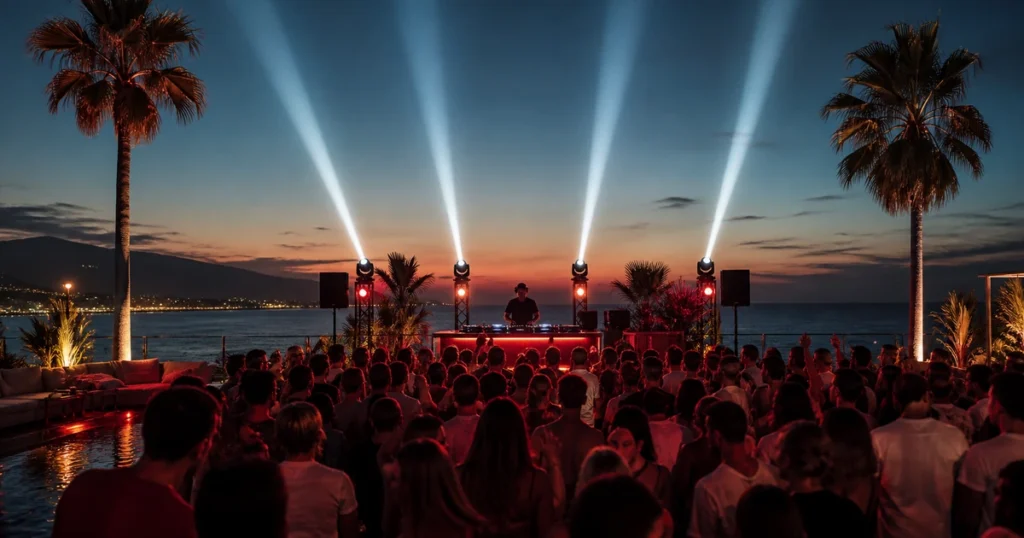 Open-air DJ party on the Marbella coast at sunset in Marbella Daily red and black