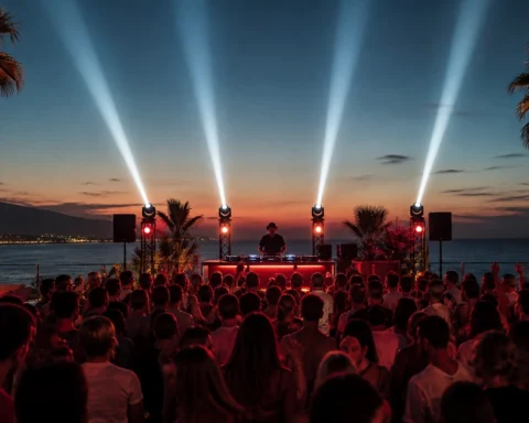 Open-air DJ party on the Marbella coast at sunset in Marbella Daily red and black